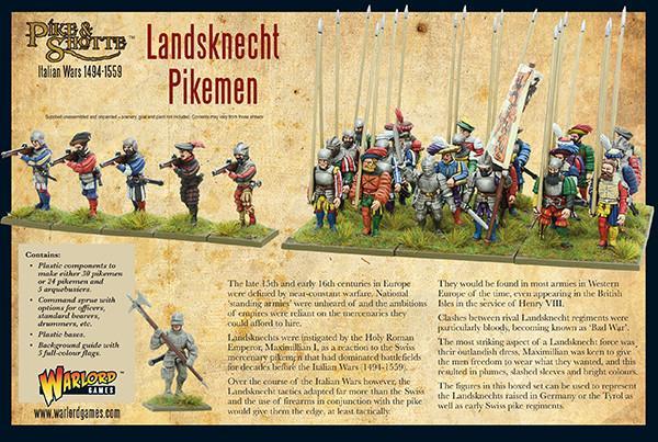 Landsknecht Pikemen Pike & Shotte - tył pudełka z ilustracją przedstawiającą oddział Landsknechtów maszerujących z pikami - bębnista, chorąży z flagą i pikinierzy w kolorowych strojach w paski - napis Italian Wars 1494-1559 - 30 hard plastic 28mm Landsknecht infantry - Warlord Games 202016001

