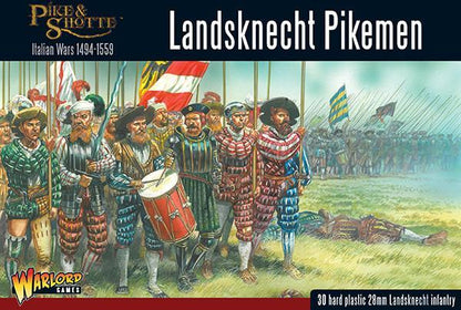Landsknecht Pikemen Pike & Shotte - okładka pudełka z ilustracją przedstawiającą oddział Landsknechtów maszerujących z pikami - bębnista, chorąży z flagą i pikinierzy w kolorowych strojach w paski - napis Italian Wars 1494-1559 - 30 hard plastic 28mm Landsknecht infantry - Warlord Games 202016001
