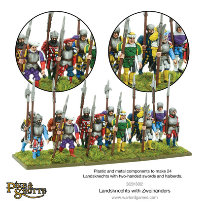 Pike & Shotte 202016002 Landsknechts with Zweihänders – 24 pomalowane plastikowe i metalowe figurki Landsknechtów z pikami i halabardami w kolorowych renesansowych strojach, widok z przodu z powiększeniami detali, Pike & Shotte, Warlord Games
