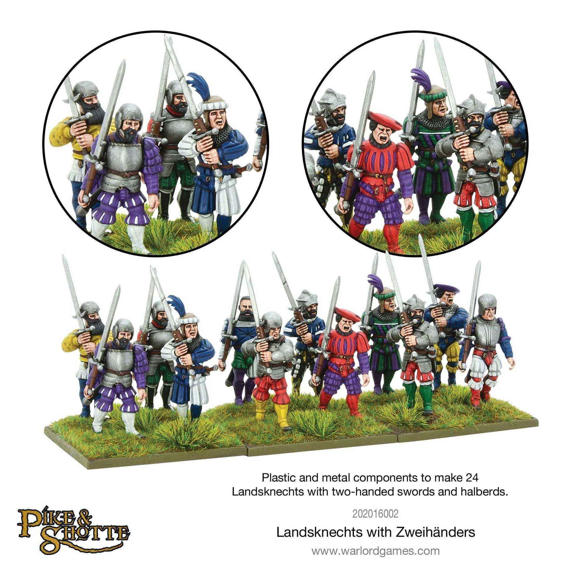 Pike & Shotte 202016002 Landsknechts with Zweihänders – 24 pomalowane figurki Landsknechtów z mieczami Zweihänder w kolorowych strojach, widok z przodu z powiększeniami detali twarzy i uzbrojenia, Pike & Shotte, Warlord Games
