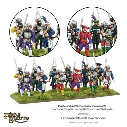 Pike & Shotte 202016002 Landsknechts with Zweihänders – 24 pomalowane figurki Landsknechtów z mieczami Zweihänder w kolorowych strojach, widok z przodu z powiększeniami detali twarzy i uzbrojenia, Pike & Shotte, Warlord Games
