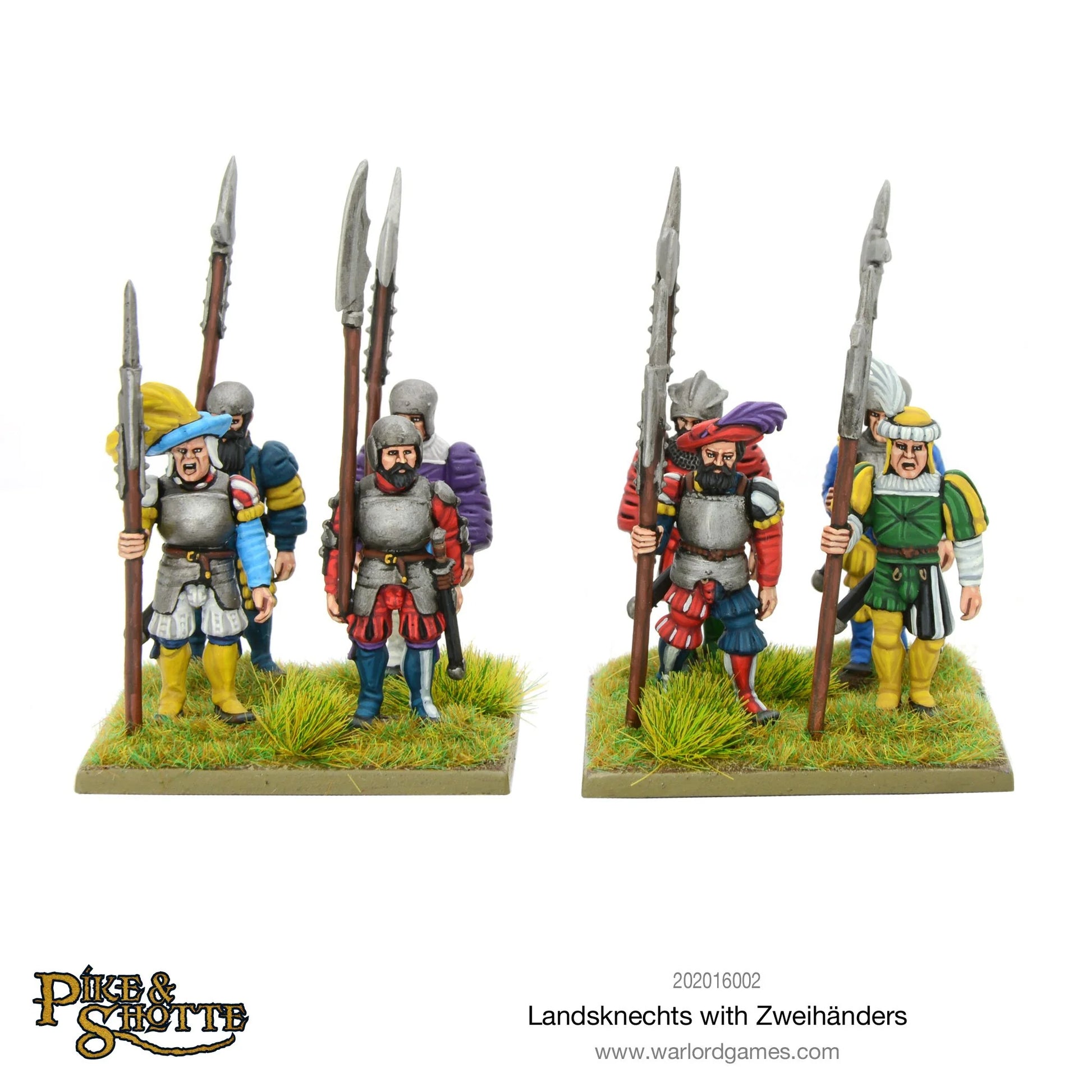 Pike & Shotte 202016002 Landsknechts with Zweihänders – 8 pomalowanych figurek Landsknechtów z pikami na dwóch podstawkach, widok z przodu i z boku pokazujący detale zbroi i kolorowych strojów, Pike & Shotte, Warlord Games
