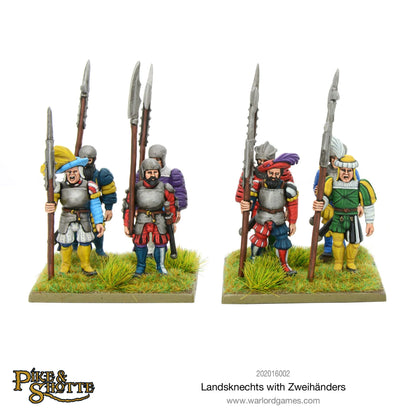Pike & Shotte 202016002 Landsknechts with Zweihänders – 8 pomalowanych figurek Landsknechtów z pikami na dwóch podstawkach, widok z przodu i z boku pokazujący detale zbroi i kolorowych strojów, Pike & Shotte, Warlord Games
