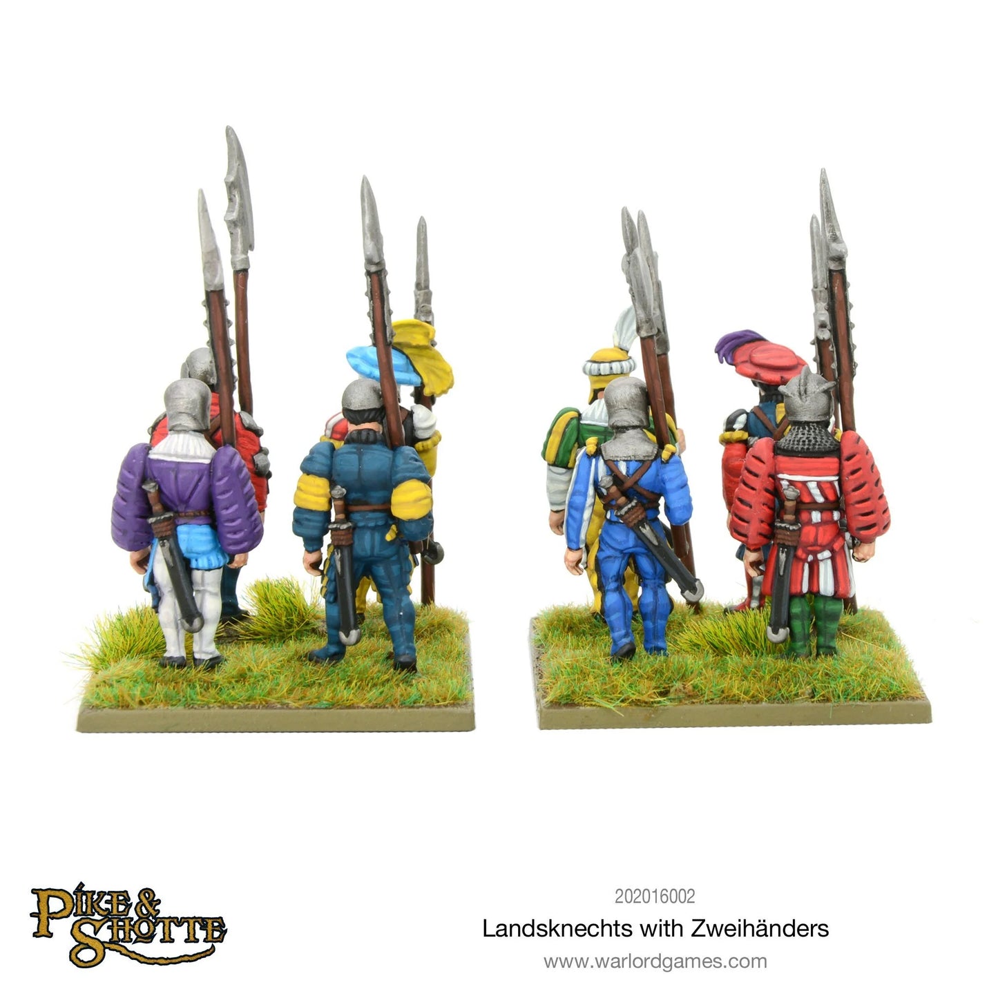 Pike & Shotte 202016002 Landsknechts with Zweihänders – 8 pomalowanych figurek Landsknechtów z pikami na dwóch podstawkach, widok z tyłu pokazujący detale strojów i wyposażenia, Pike & Shotte, Warlord Games

