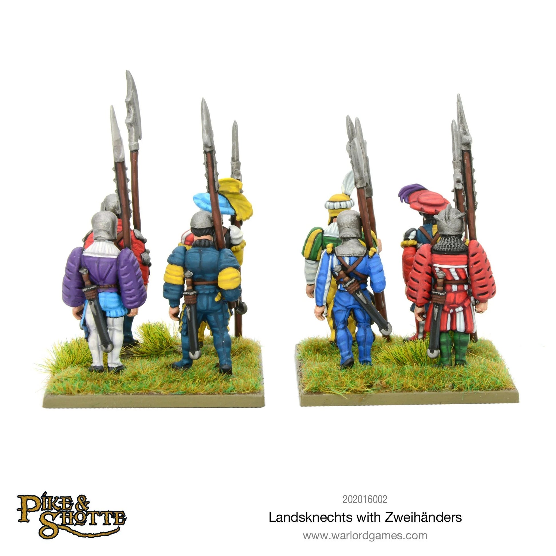 Pike & Shotte 202016002 Landsknechts with Zweihänders – 8 pomalowanych figurek Landsknechtów z pikami na dwóch podstawkach, widok z tyłu pokazujący detale strojów i wyposażenia, Pike & Shotte, Warlord Games
