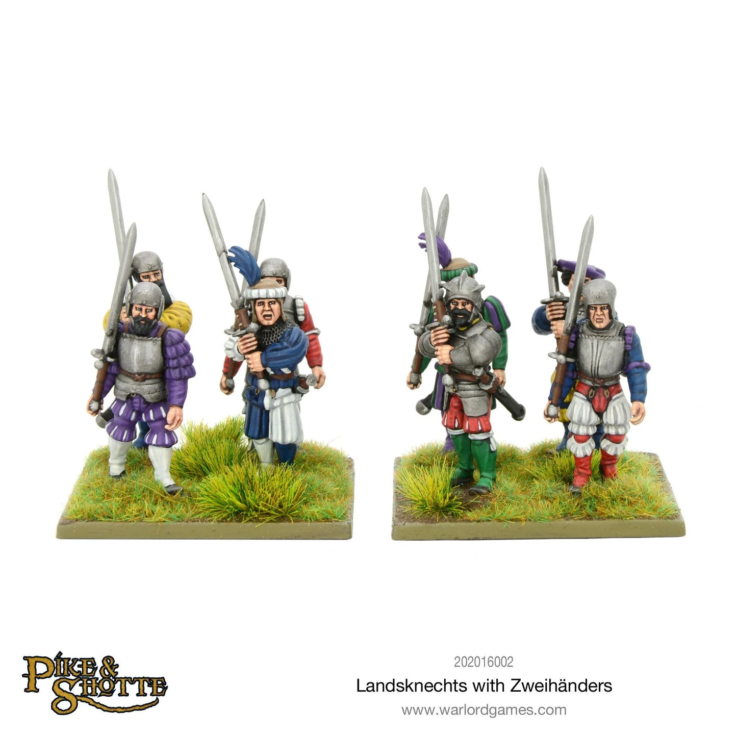 Pike & Shotte 202016002 Landsknechts with Zweihänders – 4 pomalowane figurki Doppelsöldnerów z mieczami Zweihänder w kolorowych renesansowych strojach, widok z przodu, skala 28mm, Pike & Shotte, Warlord Games
