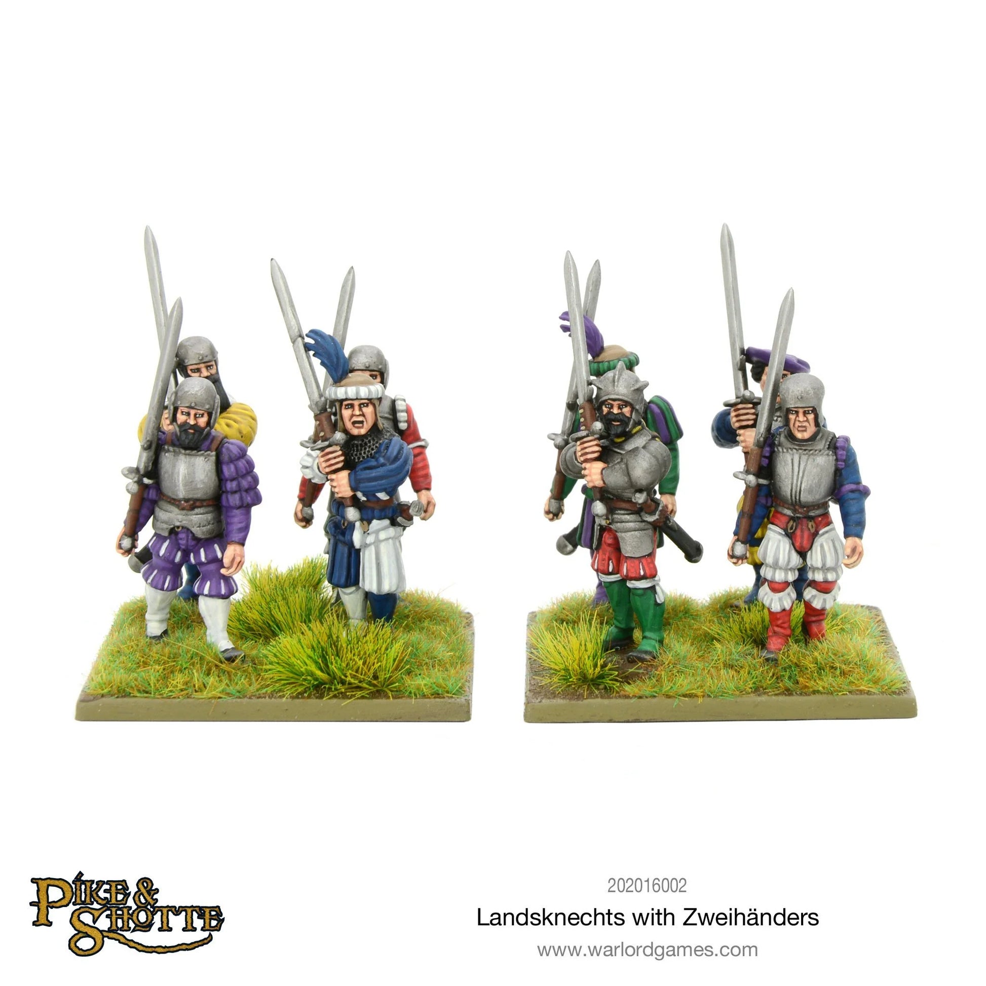 Pike & Shotte 202016002 Landsknechts with Zweihänders – 4 pomalowane figurki Doppelsöldnerów z mieczami Zweihänder w kolorowych renesansowych strojach, widok z przodu, skala 28mm, Pike & Shotte, Warlord Games
