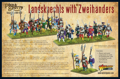 Pike & Shotte 202016002 Landsknechts with Zweihänders – tył pudełka zestawu z opisem zawartości, 24 figurki Landsknechtów z Zweihänderami i halabardami, Italian Wars 1494-1559, Warlord Games
