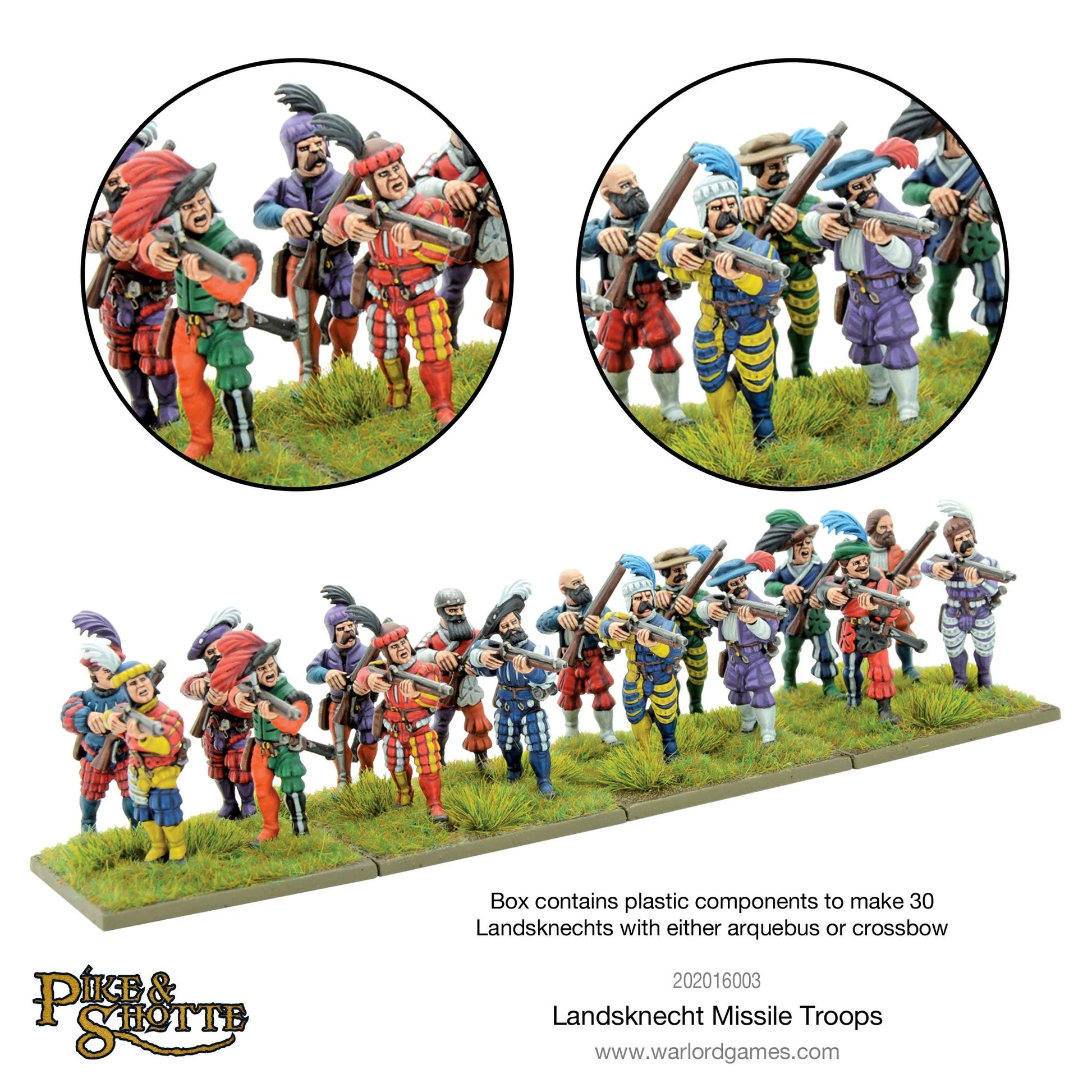 Landsknecht Missile Troops Pike & Shotte - 15 pomalowanych arkebuzerów Landsknechtów na zielonej podstawce z dwoma zbliżeniami: lewa grupa w czerwono-zielonych strojach z arkebuzami, prawa grupa w niebiesko-żółtych strojach z arkebuzami - Box contains plastic components to make 30 Landsknechts - Warlord Games 202016003 - warlordgames.com
