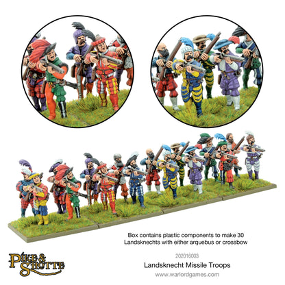 Landsknecht Missile Troops Pike & Shotte - 15 pomalowanych arkebuzerów Landsknechtów na zielonej podstawce z dwoma zbliżeniami: lewa grupa w czerwono-zielonych strojach z arkebuzami, prawa grupa w niebiesko-żółtych strojach z arkebuzami - Box contains plastic components to make 30 Landsknechts - Warlord Games 202016003 - warlordgames.com
