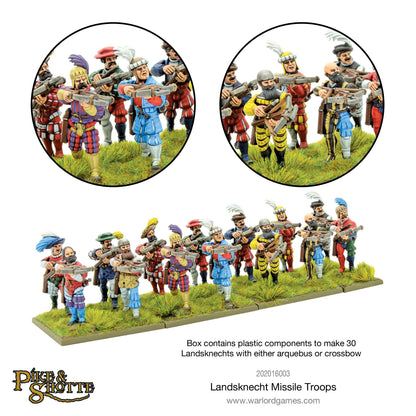 Landsknecht Missile Troops Pike & Shotte - 15 pomalowanych kuszników Landsknechtów na zielonej podstawce z dwoma zbliżeniami: lewa grupa w czerwono-niebieskich strojach z kuszami, prawa grupa w żółto-niebieskich strojach z kuszami - Box contains plastic components to make 30 Landsknechts - Warlord Games 202016003 - warlordgames.com
