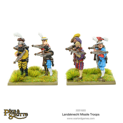 Landsknecht Missile Troops Pike & Shotte - 4 pomalowane figurki kuszników Landsknechtów na dwóch podstawkach: lewa para w żółto-czarnych i czarno-niebieskich strojach z kuszami wycelowanymi do przodu, prawa para w fioletowo-czerwonych i niebieskich strojach z kuszami - detale twarzy i ekwipunku - Warlord Games 202016003 - warlordgames.com
