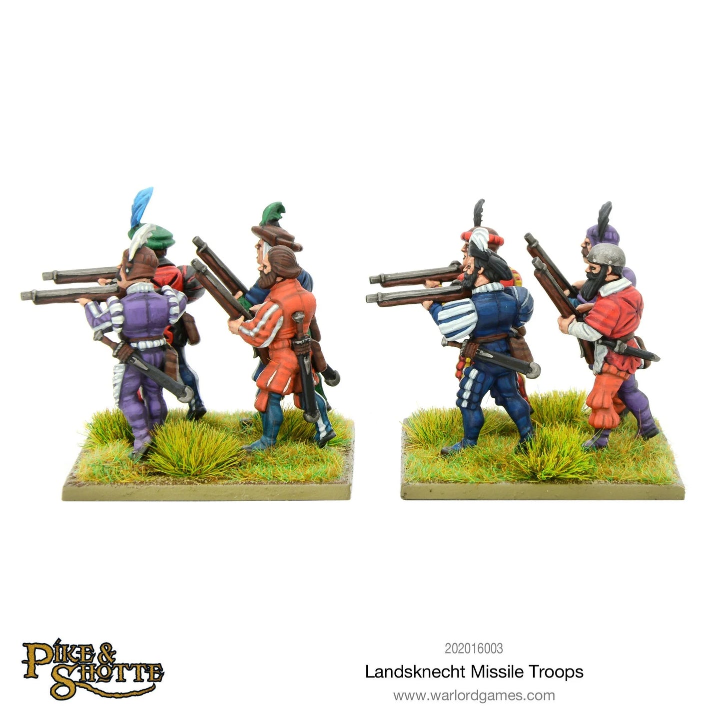 Landsknecht Missile Troops Pike & Shotte - 4 pomalowane figurki arkebuzerów Landsknechtów na dwóch podstawkach widziane od tyłu z arkebuzami na ramieniu: fioletowo-biały i pomarańczowo-zielony strój z kapeluszami z piórami - widoczne torby prochowe i detale ekwipunku - Warlord Games 202016003 - warlordgames.com

