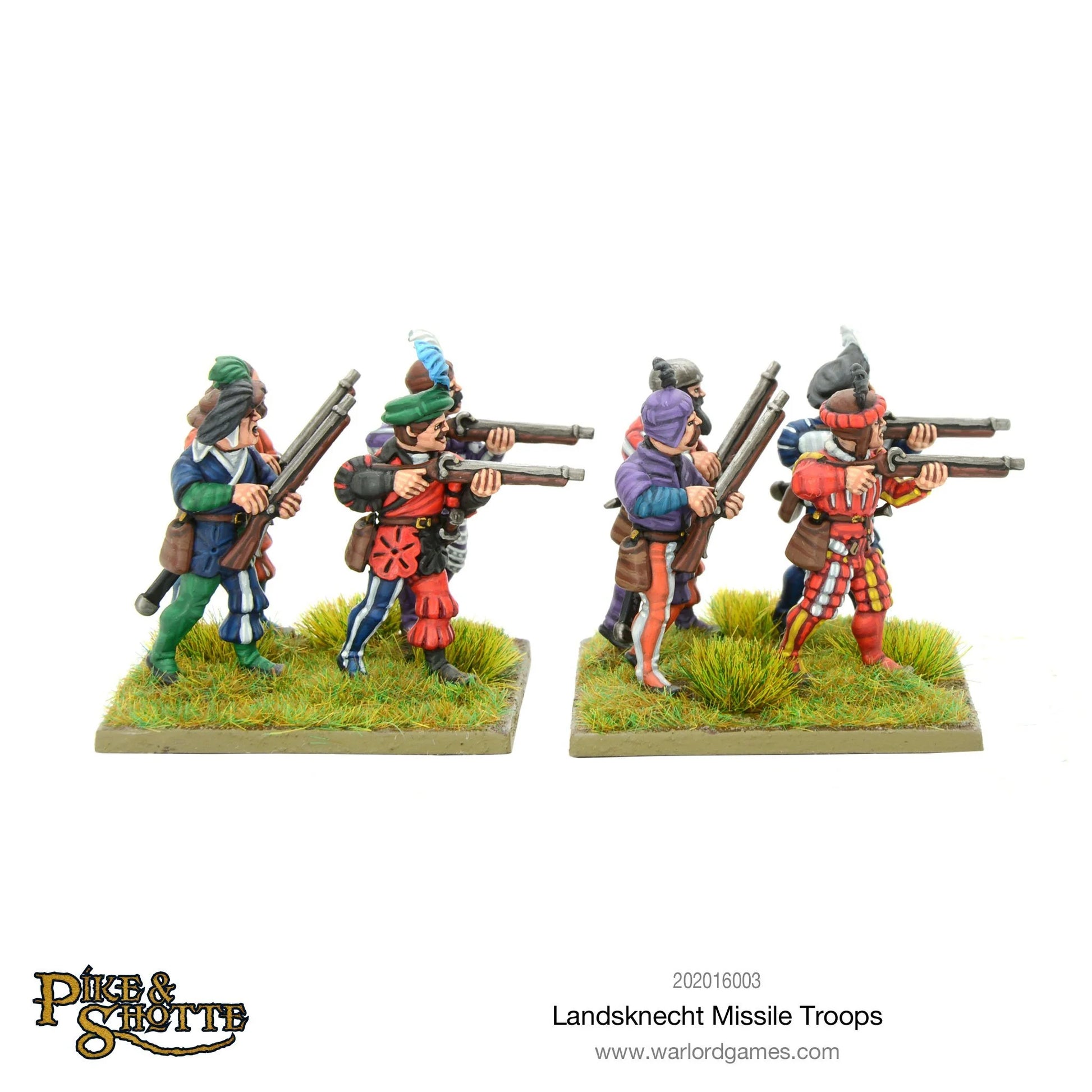 Landsknecht Missile Troops Pike & Shotte - 4 pomalowane figurki arkebuzerów Landsknechtów na dwóch podstawkach z arkebuzami wycelowanymi do przodu: lewa para w niebiesko-zielonym i czerwono-zielonym stroju, prawa para w fioletowym i czerwono-kratowanym stroju - kapelusze z piórami - Warlord Games 202016003 - warlordgames.com
