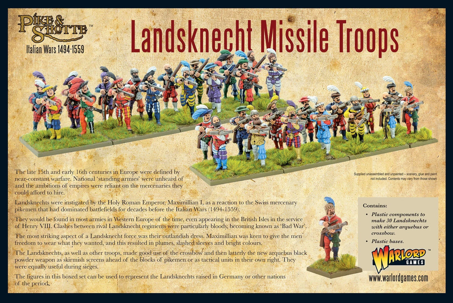 Landsknecht Missile Troops Pike & Shotte - tył pudełka z opisem historycznym Landsknechtów, zdjęciem 30 pomalowanych figurek arkebuzerów i kuszników ustawionych w dwóch rzędach oraz zbliżeniem dwóch figurek - Italian Wars 1494-1559 - Warlord Games 202016003 - warlordgames.com
