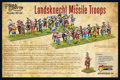 Landsknecht Missile Troops Pike & Shotte - tył pudełka z opisem historycznym Landsknechtów, zdjęciem 30 pomalowanych figurek arkebuzerów i kuszników ustawionych w dwóch rzędach oraz zbliżeniem dwóch figurek - Italian Wars 1494-1559 - Warlord Games 202016003 - warlordgames.com

