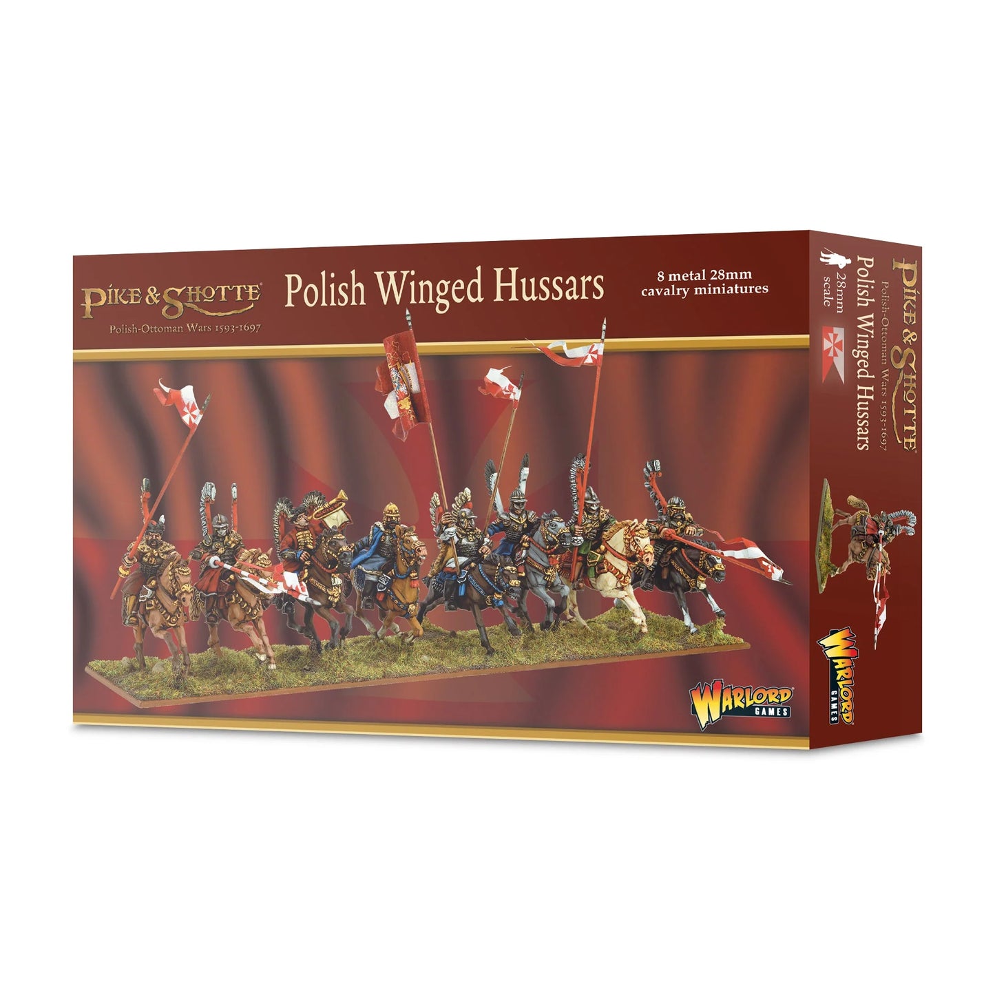 Warlord Games Polish Winged Hussars Regiment – pudełko Pike & Shotte Polish-Ottoman Wars 1593-1697 z ilustracją 8 Husarzy Skrzydlatych, 8 metalowych figurek 28mm