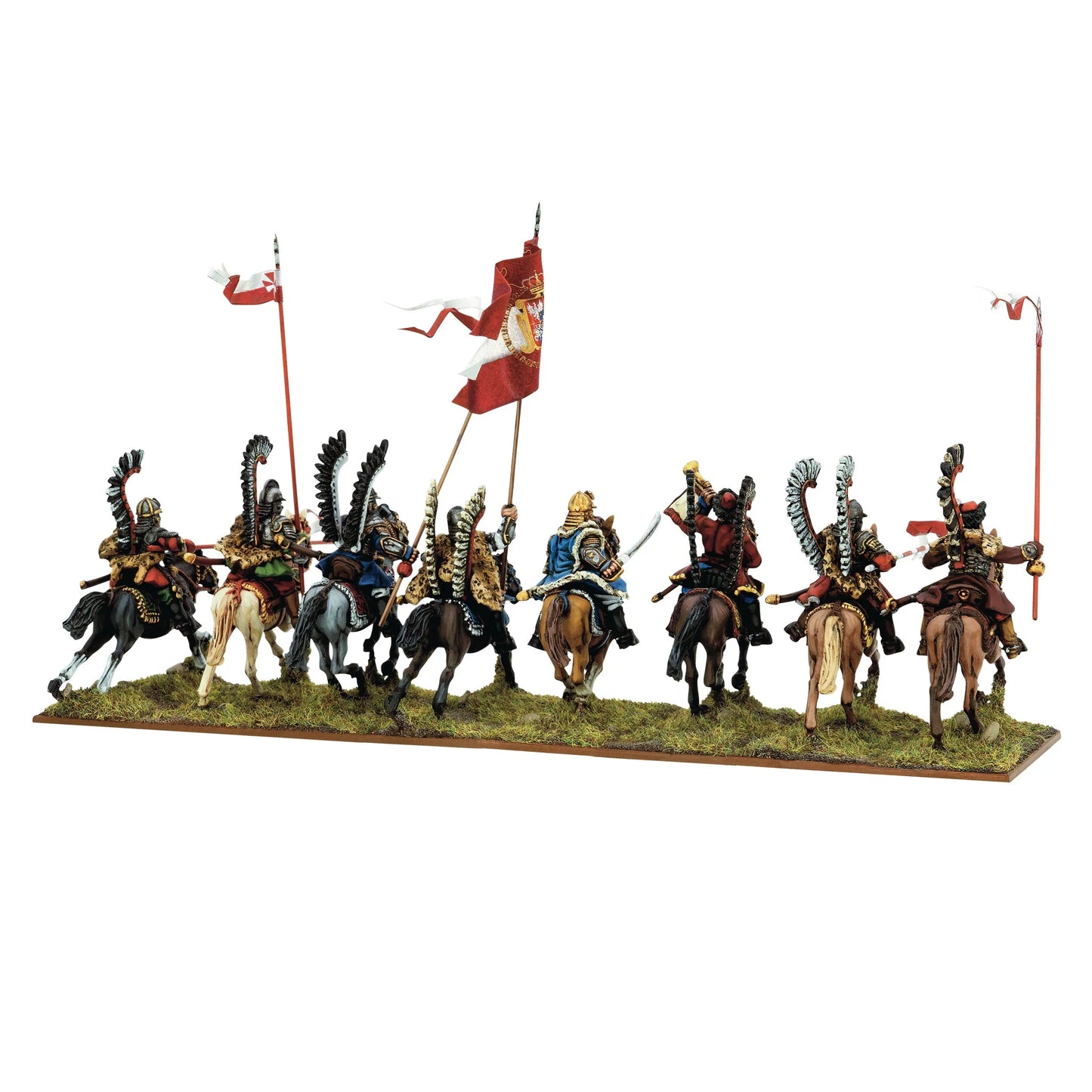 Warlord Games Polish Winged Hussars Regiment – 8 Husarzy Skrzydlatych, widok z tyłu: skrzydła z piór, zbroje i czerwona chorągiew z orłem 28mm Pike & Shotte