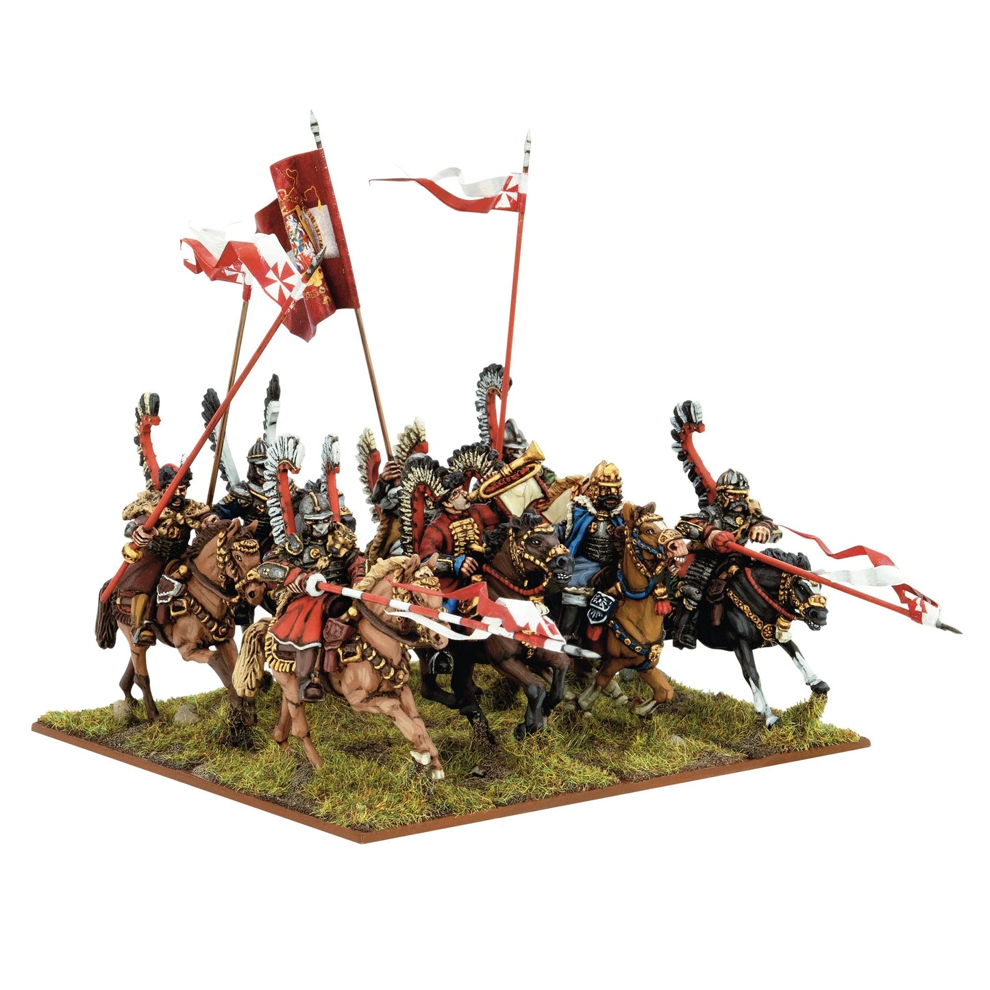 Warlord Games Polish Winged Hussars Regiment – 8 Husarzy Skrzydlatych w szarży pod kątem: lance, skrzydła z piór i 3 chorągwie z orłem, widok z przodu 28mm Pike & Shotte