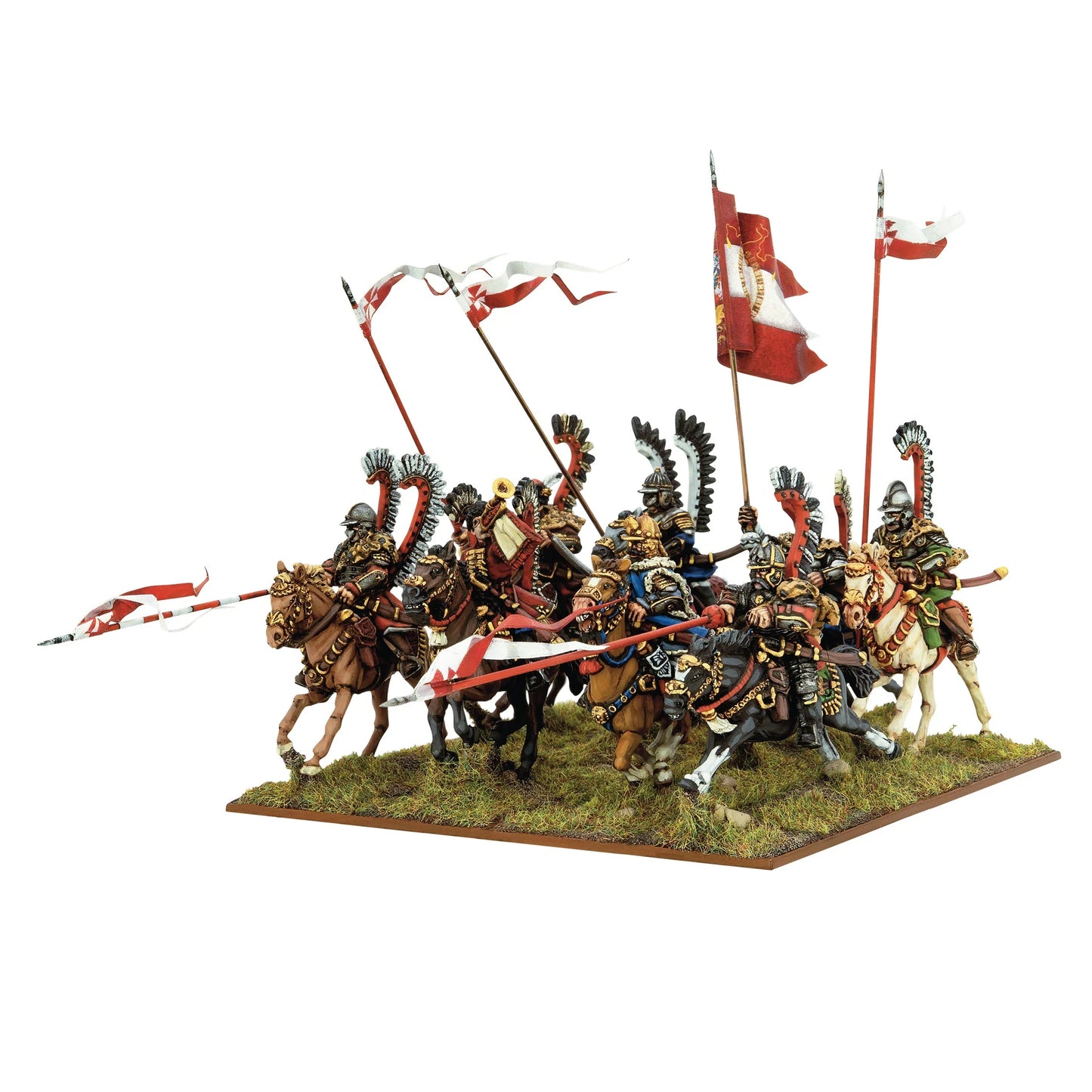 Warlord Games Polish Winged Hussars Regiment – 8 Husarzy Skrzydlatych z lancami opuszczonymi do szarży i skrzydłami z piór, widok z lewej pod kątem 28mm Pike & Shotte