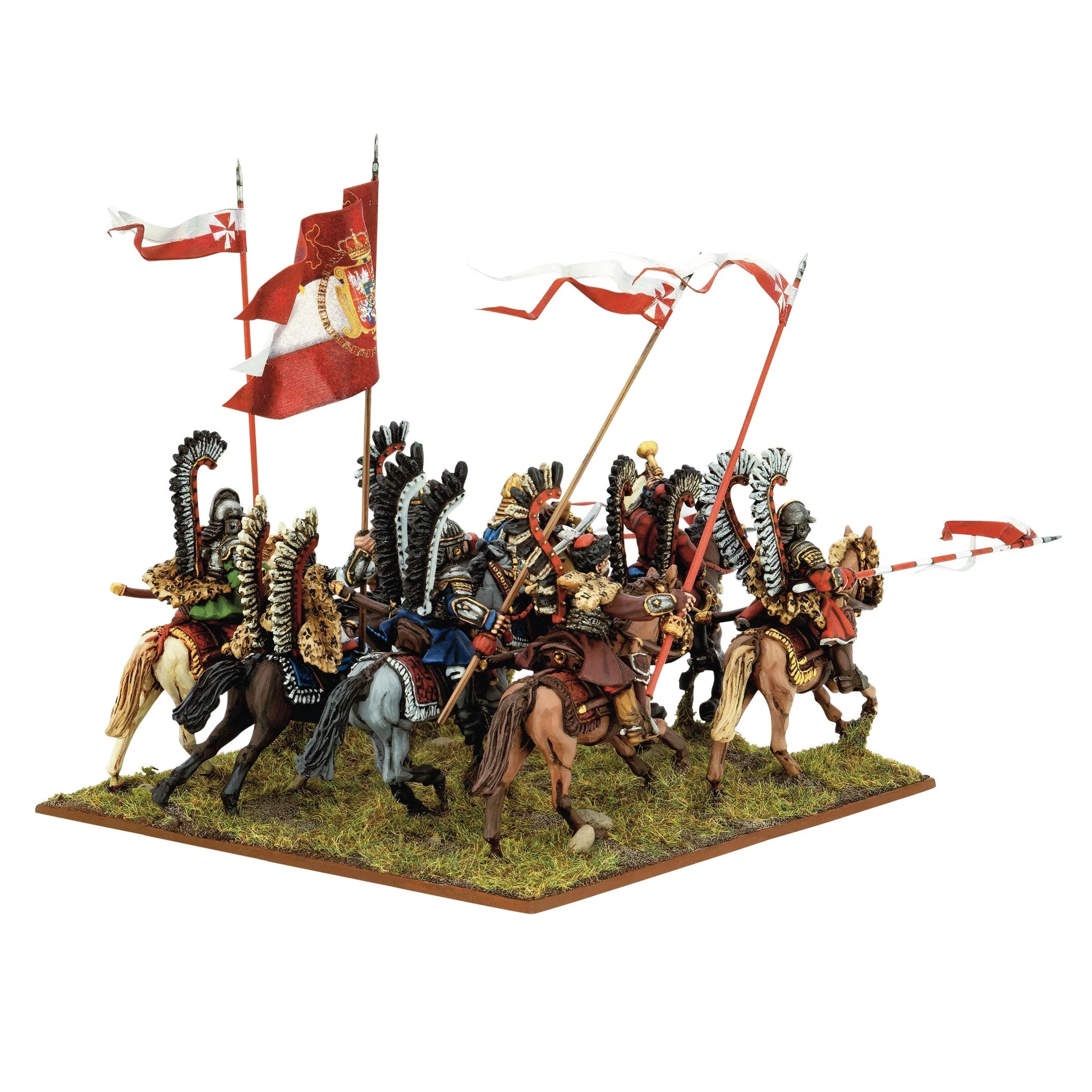 Warlord Games Polish Winged Hussars Regiment – 8 Husarzy Skrzydlatych, widok z prawej pod kątem: skrzydła z czarnych piór, złote zbroje i chorągiew z orłem 28mm Pike & Shotte