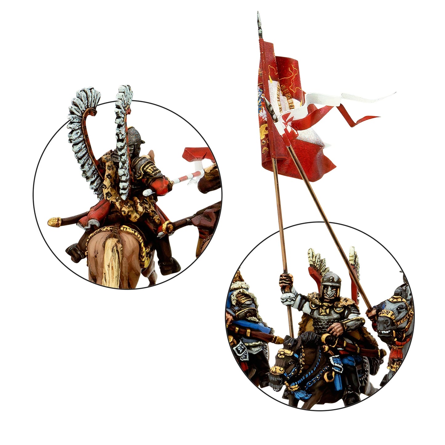 Warlord Games Polish Winged Hussars Regiment – zbliżenie: skrzydła z piór husarza, chorąży z czerwono-białym proporcem i oficer z buławą 28mm Pike & Shotte