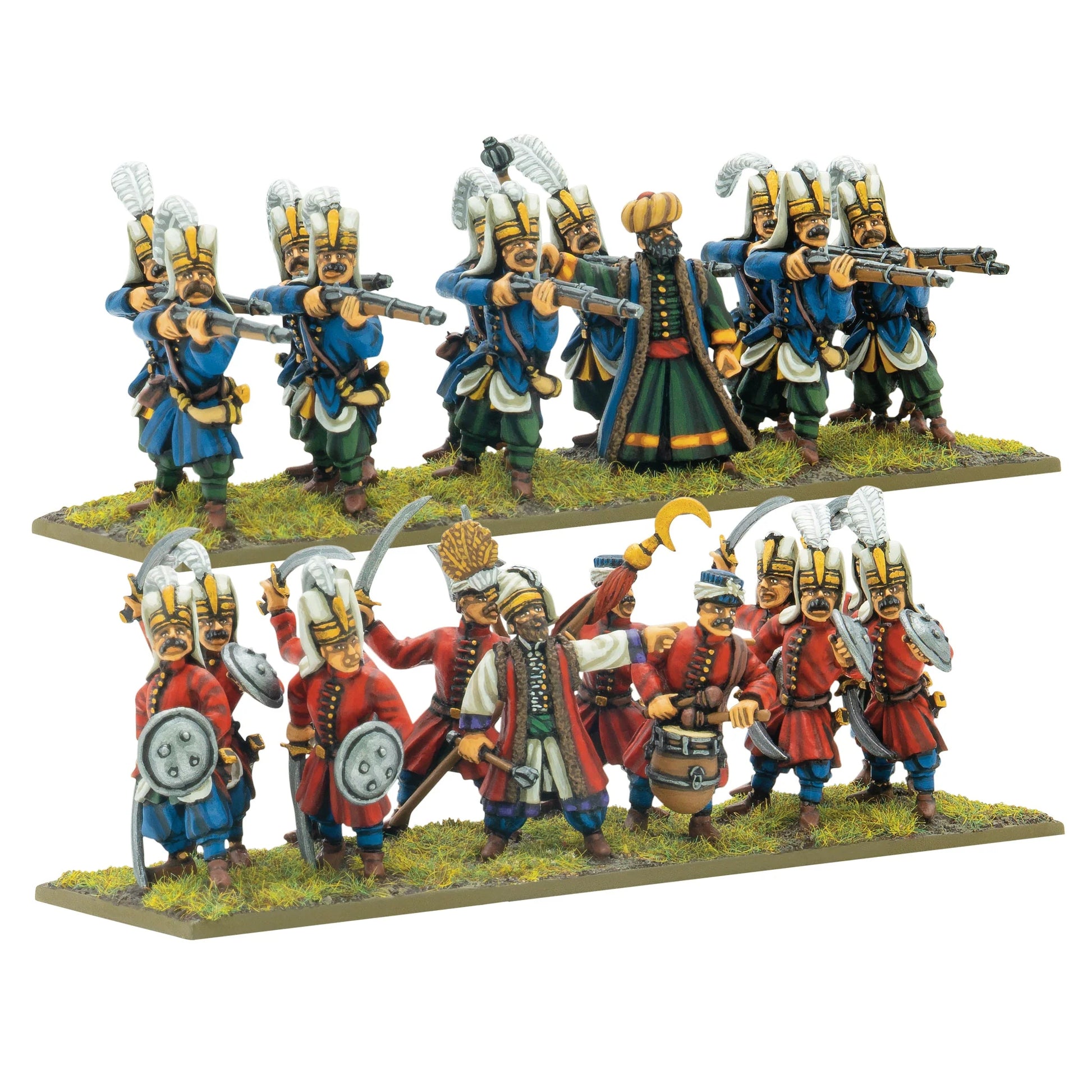 Warlord Games Ottoman Janissaries Regiment – 24 metalowe figurki: 12 janczarów z arkebuzami i 12 z szablami i tarczami, widok całości 28mm Pike & Shotte