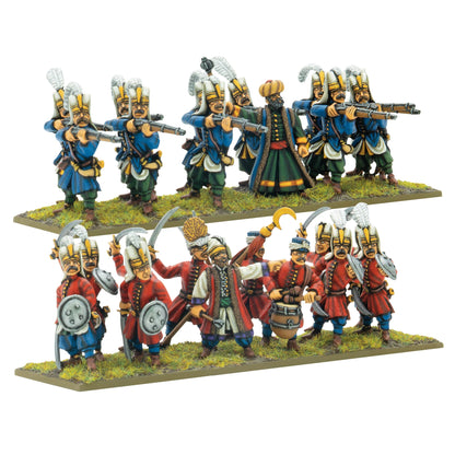 Warlord Games Ottoman Janissaries Regiment – 24 metalowe figurki: 12 janczarów z arkebuzami i 12 z szablami i tarczami, widok całości 28mm Pike & Shotte