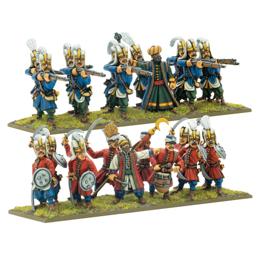 Warlord Games Ottoman Janissaries Regiment – 24 metalowe figurki: 12 janczarów z arkebuzami i 12 z szablami i tarczami, widok całości 28mm Pike & Shotte