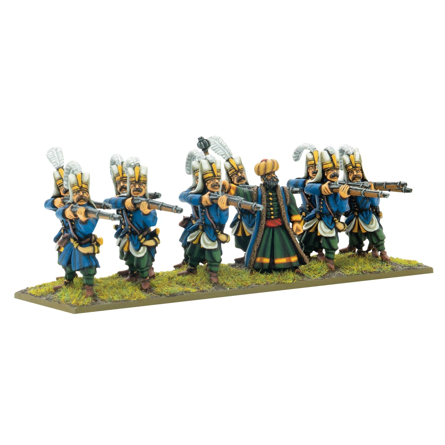 Warlord Games Ottoman Janissaries Regiment – 12 janczarów z arkebuzami i oficerem w zielonym płaszczu, widok z przodu 28mm Pike & Shotte