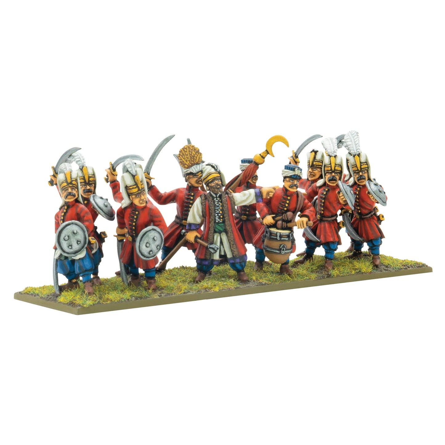 Warlord Games Ottoman Janissaries Regiment – 12 janczarów z szablami i tarczami, oficer, doboś i chorąży, widok z przodu 28mm Pike & Shotte