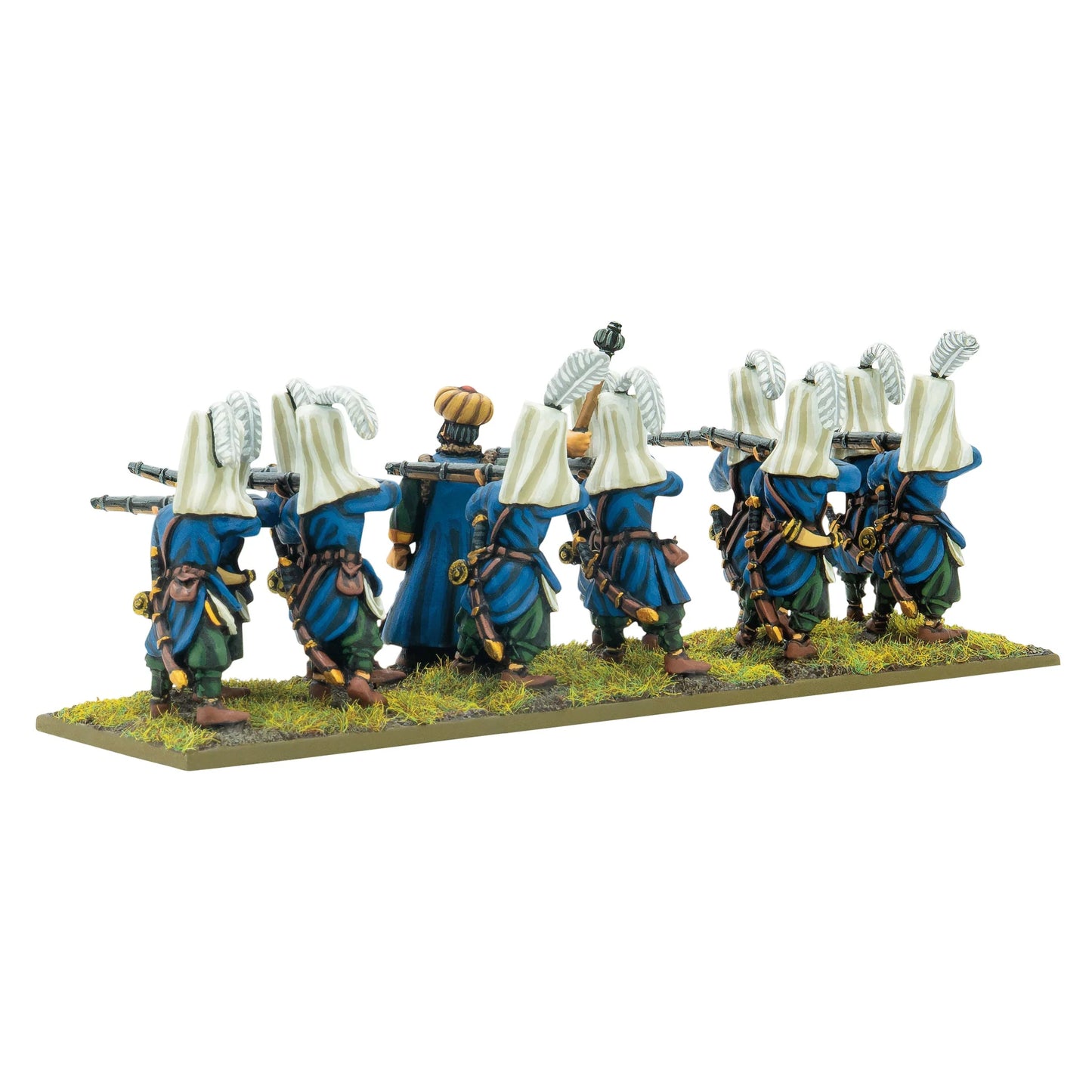 Warlord Games Ottoman Janissaries Regiment – 12 janczarów z arkebuzami, widok z tyłu: niebieskie mundury i białe nakrycia głowy 28mm Pike & Shotte