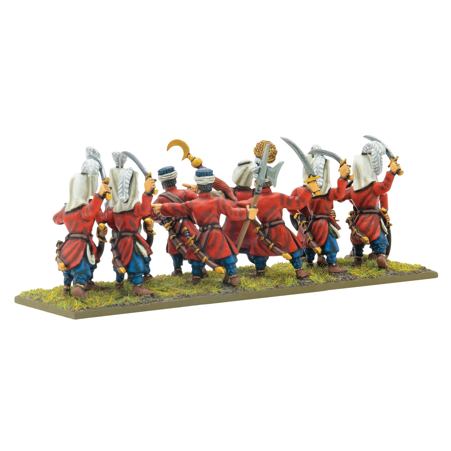 Warlord Games Ottoman Janissaries Regiment – 12 janczarów z szablami i tarczami, widok z tyłu: czerwone mundury i białe nakrycia głowy 28mm Pike & Shotte