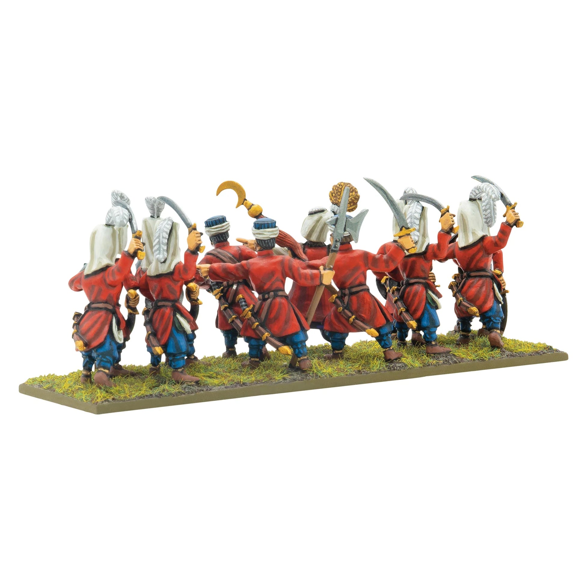 Warlord Games Ottoman Janissaries Regiment – 12 janczarów z szablami i tarczami, widok z tyłu: czerwone mundury i białe nakrycia głowy 28mm Pike & Shotte