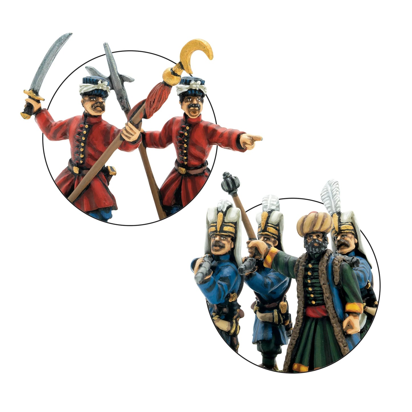 Warlord Games Ottoman Janissaries Regiment – zbliżenie: sierżant z szablą i oficer szermierzy (czerwone mundury) oraz sierżant z buławą i oficer strzelców (niebieskie mundury) 28mm Pike & Shotte