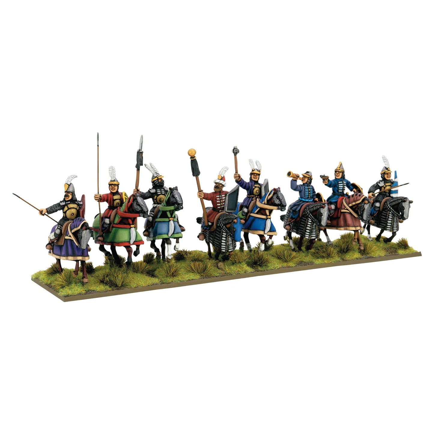 Warlord Games Ottoman Sipahi Cavalry Regiment – 8 metalowych jeźdców sipahi z włóczniami, szablami i tarczami, widok z przodu 28mm Pike & Shotte