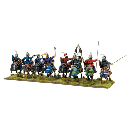 Warlord Games Ottoman Sipahi Cavalry Regiment – 8 jeźdców sipahi, widok z tyłu: kolorowe stroje i opancerzone konie 28mm Pike & Shotte