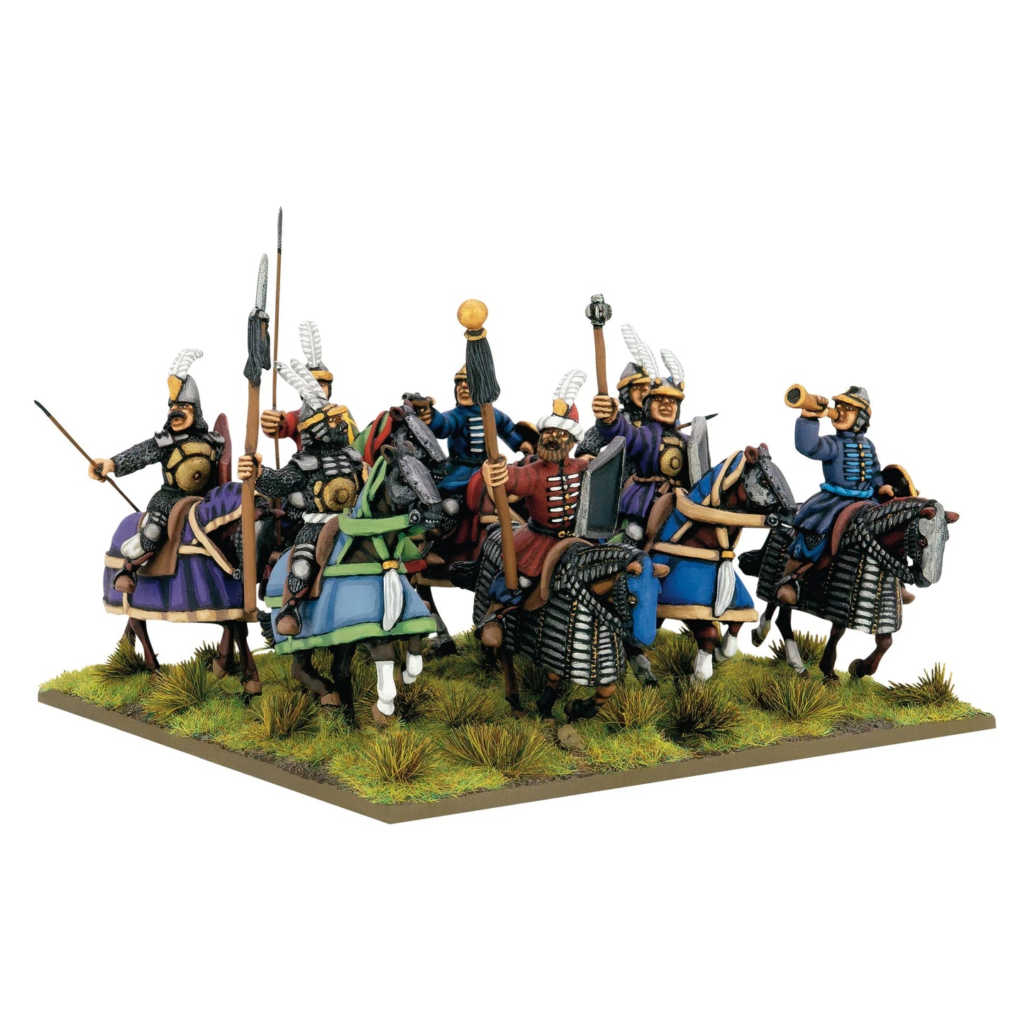 Warlord Games Ottoman Sipahi Cavalry Regiment – zbliżenie: oficer z buławą, chorąży z proporcem i muzyk z trąbką, widok z przodu 28mm Pike & Shotte