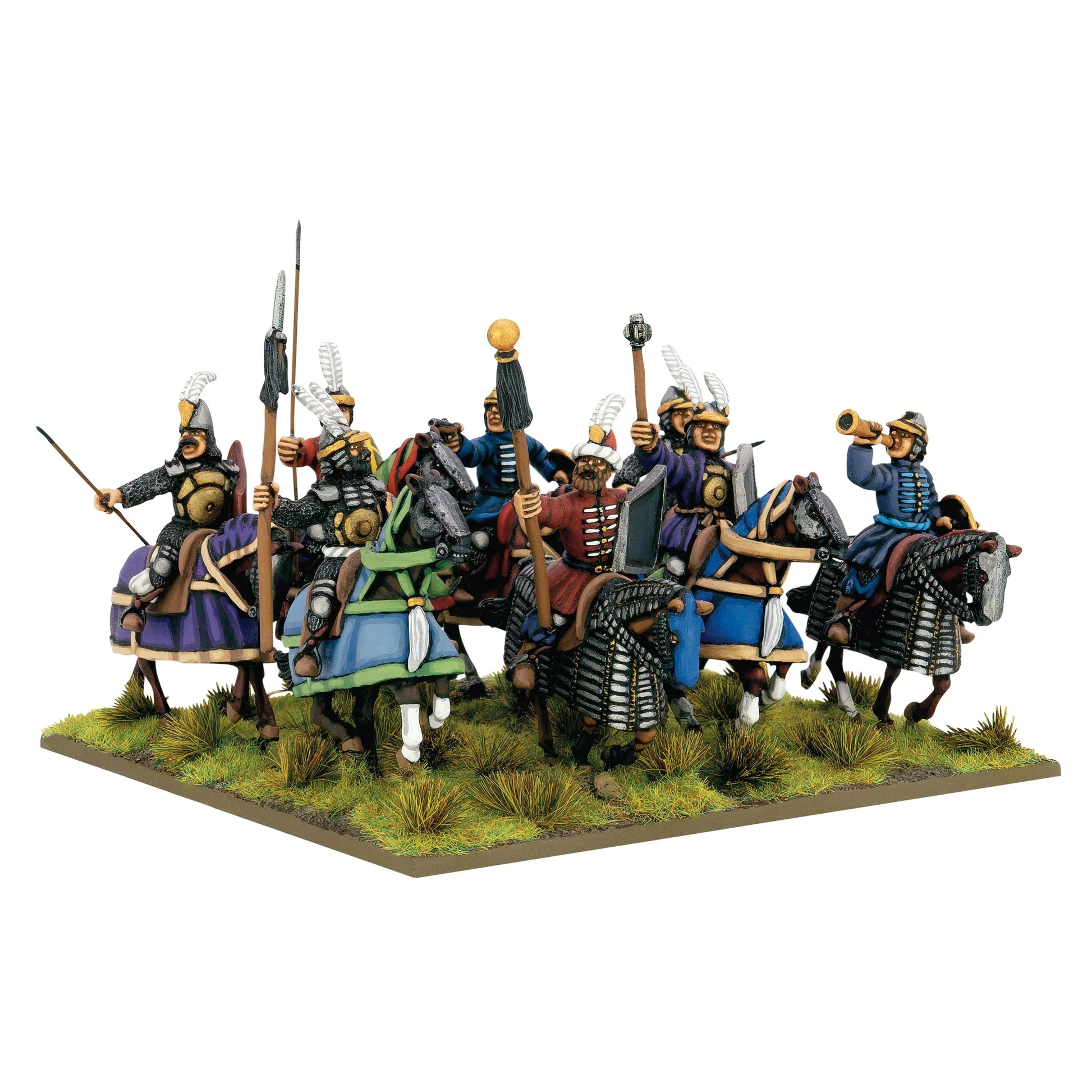Warlord Games Ottoman Sipahi Cavalry Regiment – zbliżenie: oficer z buławą, chorąży z proporcem i muzyk z trąbką, widok z przodu 28mm Pike & Shotte