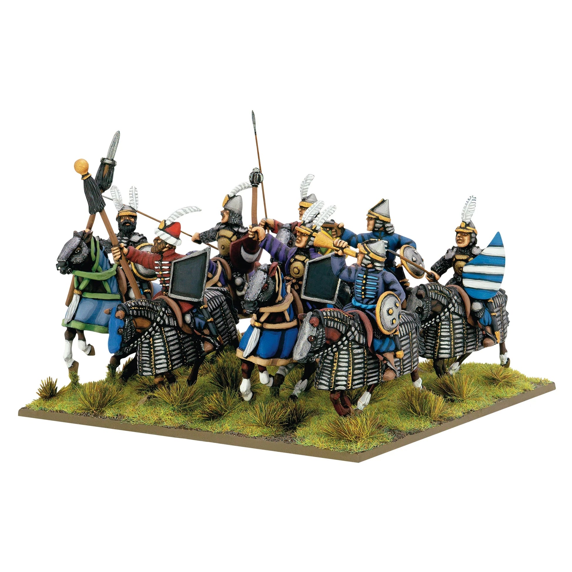 Warlord Games Ottoman Sipahi Cavalry Regiment – zbliżenie: jeźdców sipahi z włóczniami i tarczami w natarciu, widok z lewej strony 28mm Pike & Shotte