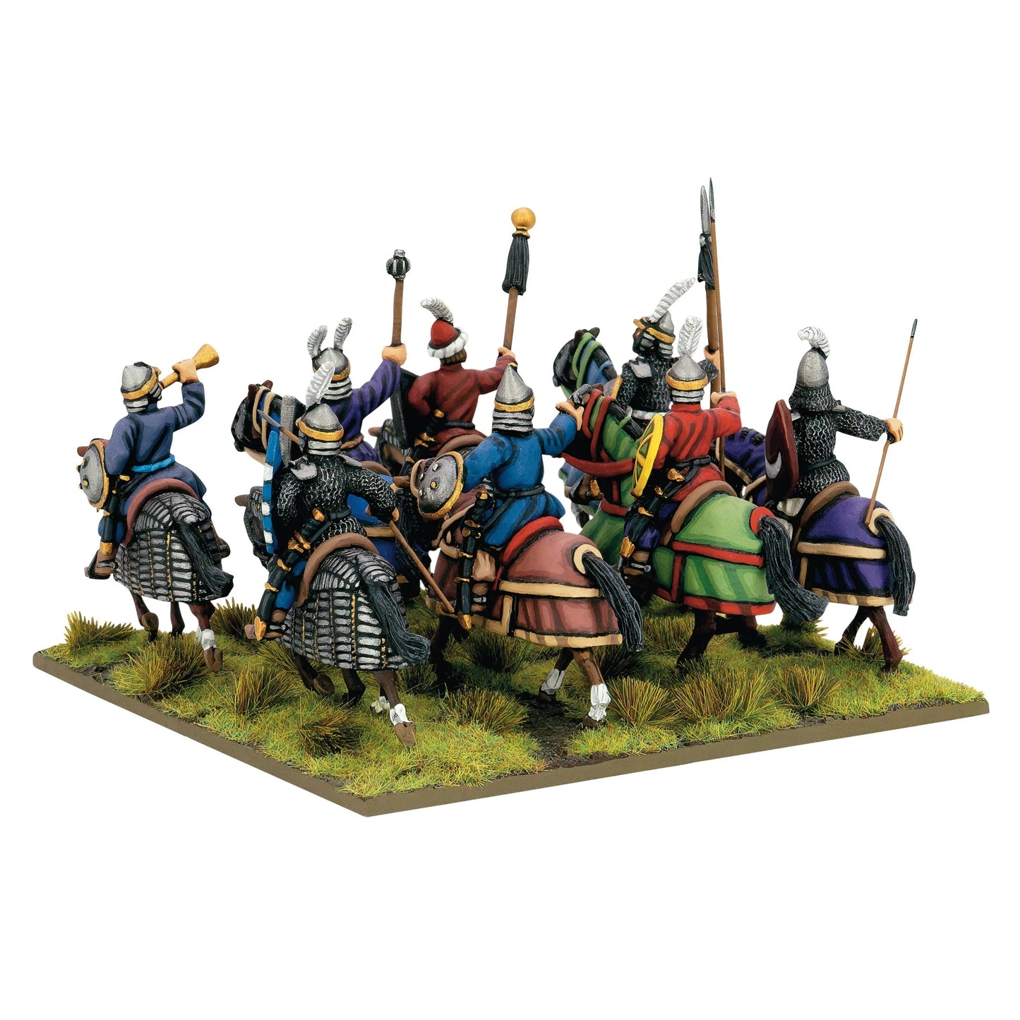 Warlord Games Ottoman Sipahi Cavalry Regiment – 8 jeźdców sipahi, widok z tyłu: kolorowe kaftany i opancerzone konie 28mm Pike & Shotte