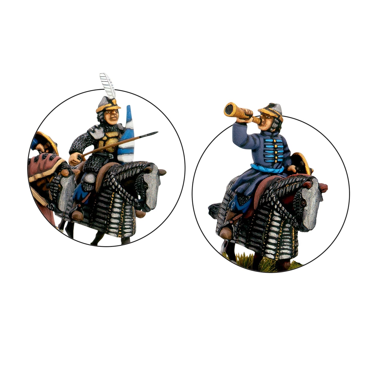 Warlord Games Ottoman Sipahi Cavalry Regiment – zbliżenie: chorąży z proporcem niebiesko-białym i muzyk z trąbką na opancerzonych koniach 28mm Pike & Shotte