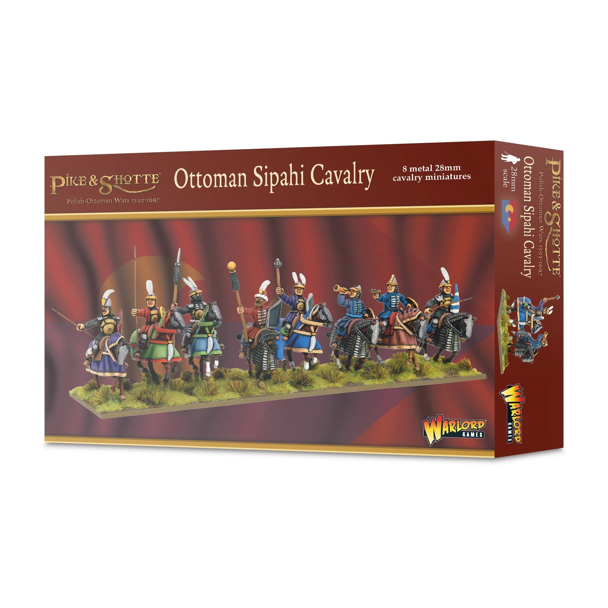 Warlord Games Ottoman Sipahi Cavalry Regiment – pudełko Pike & Shotte z ilustracją 8 jeźdców sipahi, 8 metalowych figurek 28mm
