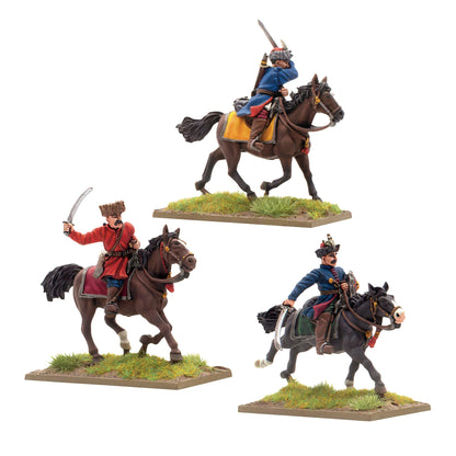 Warlord Games Polish-Lithuanian Levy Cavalry with Sabres – 3 metalowe figurki lekkiej kawalerii z szablami w niebieskich i czerwonych żupanach, widok z przodu 28mm Pike & Shotte
