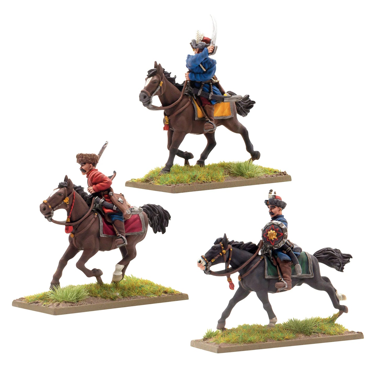 Warlord Games Polish-Lithuanian Levy Cavalry with Sabres – 3 jeźdców lekkiej kawalerii w galopie z szablami, widok z lewej strony 28mm Pike & Shotte