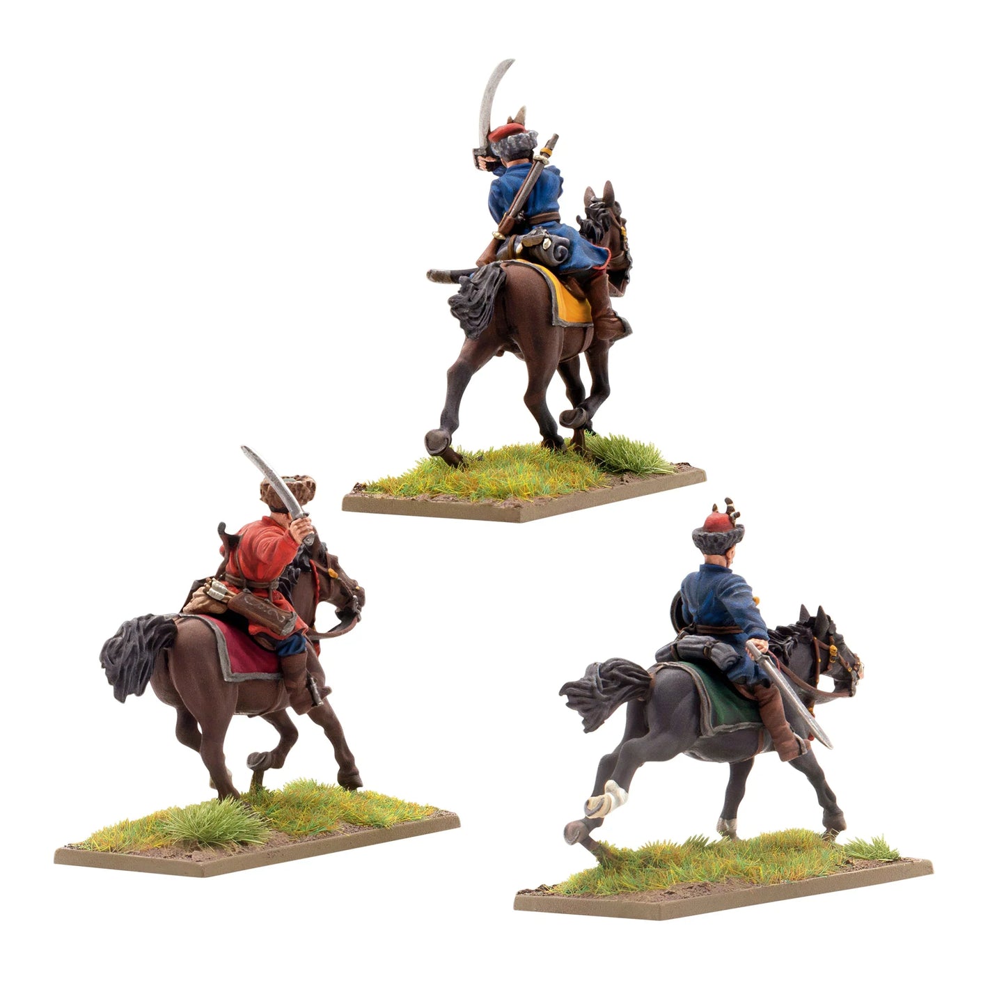 Warlord Games Polish-Lithuanian Levy Cavalry with Sabres – 3 jeźdców lekkiej kawalerii, widok z tyłu: kolorowe żupany i siodła 28mm Pike & Shotte