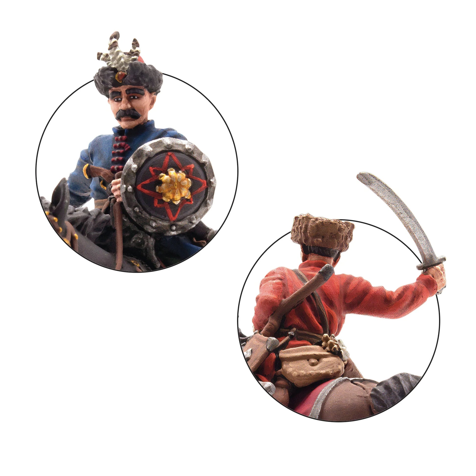 Warlord Games Polish-Lithuanian Levy Cavalry with Sabres – zbliżenie: jeździec z okrągłą tarczą z czerwoną gwiazdą i jeździec w czerwonym żupanie z szablą, detale malowania 28mm Pike & Shotte