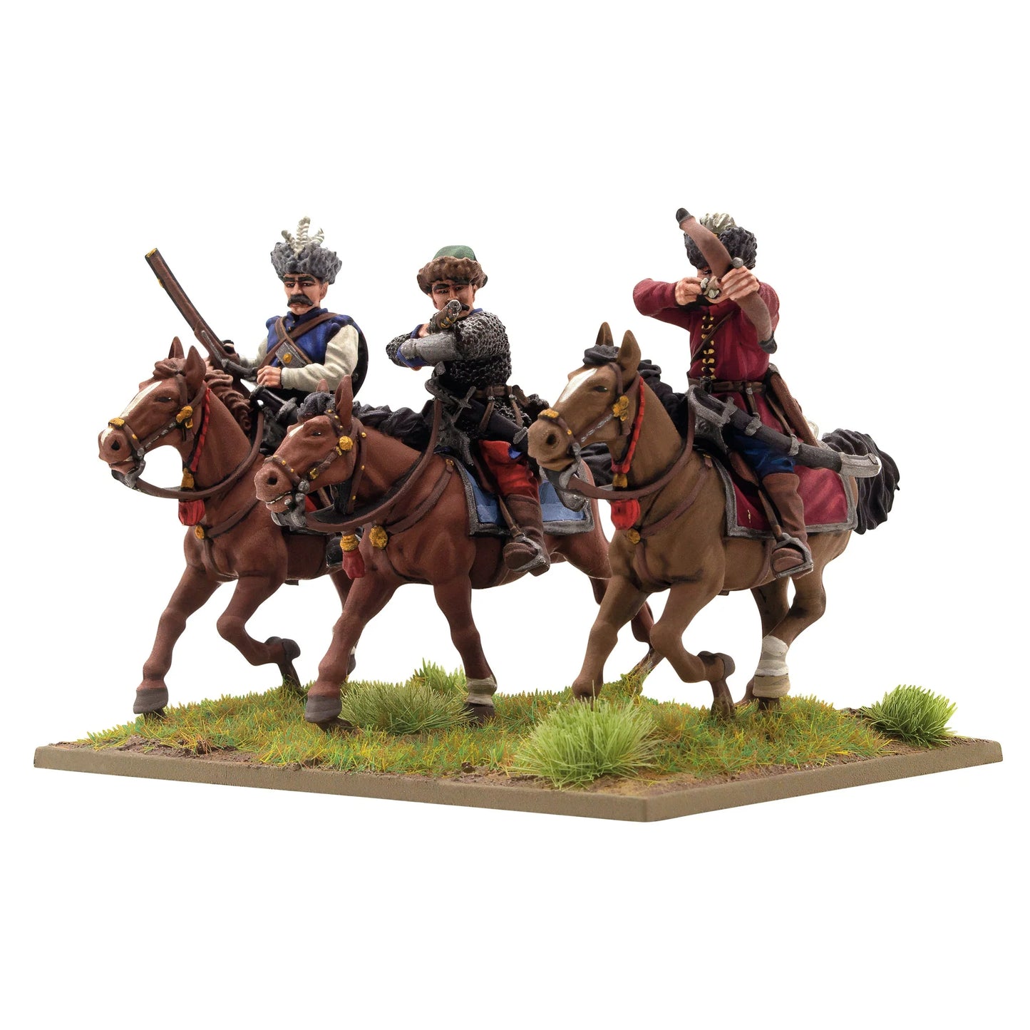 Warlord Games Polish-Lithuanian Levy Cavalry with Muskets – 3 metalowe figurki lekkiej kawalerii: jeździec z muszkietem w niebieskim żupanie, jeździec w kolczudze z muszkietem i łucznik w czerwonym żupanie, widok z przodu 28mm Pike & Shotte