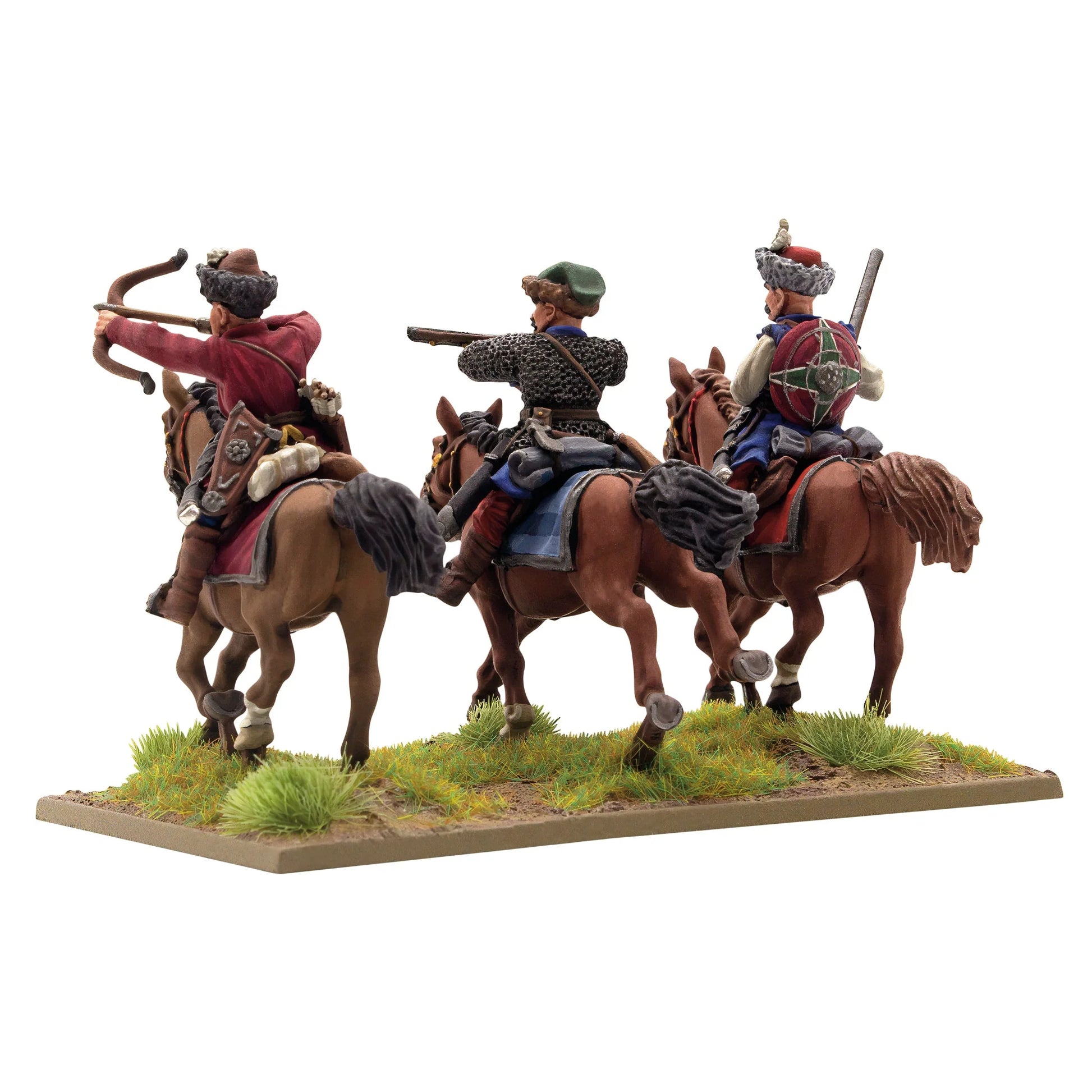 Warlord Games Polish-Lithuanian Levy Cavalry with Muskets – 3 jeźdców lekkiej kawalerii, widok z tyłu: siodła, kołczany i wyposażenie 28mm Pike & Shotte