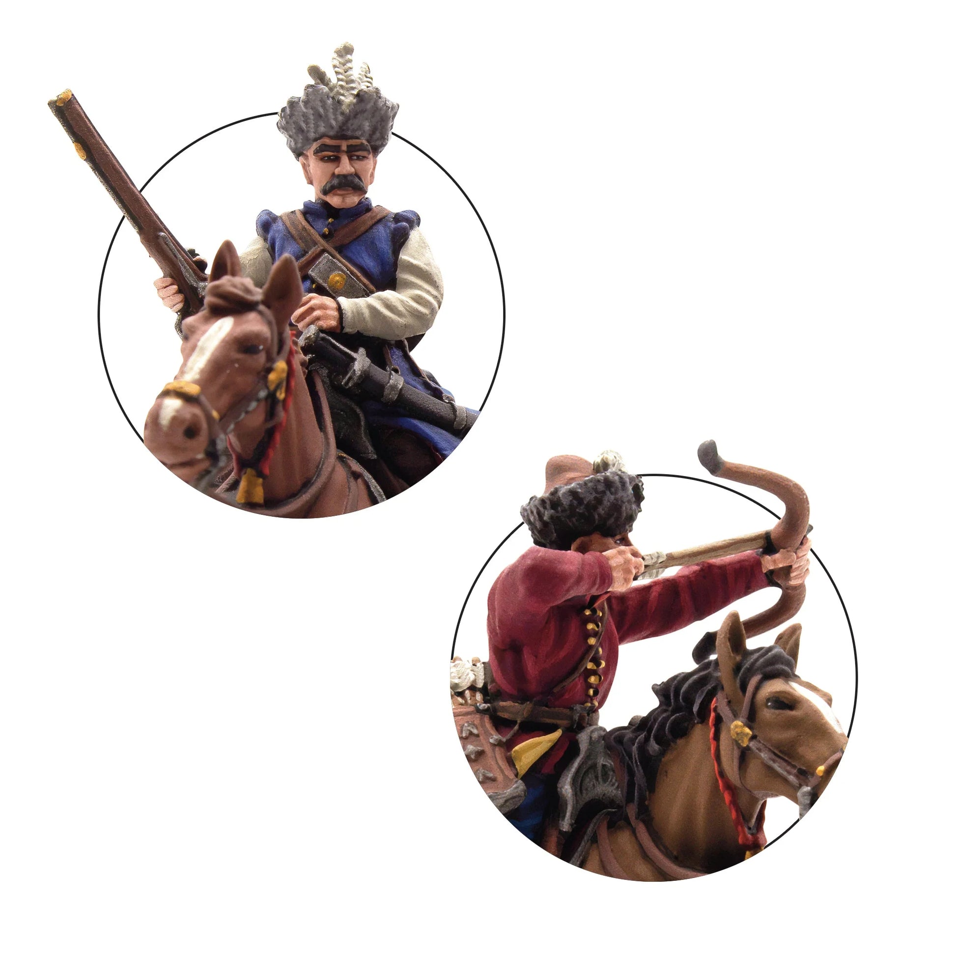 Warlord Games Polish-Lithuanian Levy Cavalry with Muskets – zbliżenie: muszkieter w niebieskim żupanie z futrzana czapką i łucznik w czerwonym żupanie, detale malowania 28mm Pike & Shotte